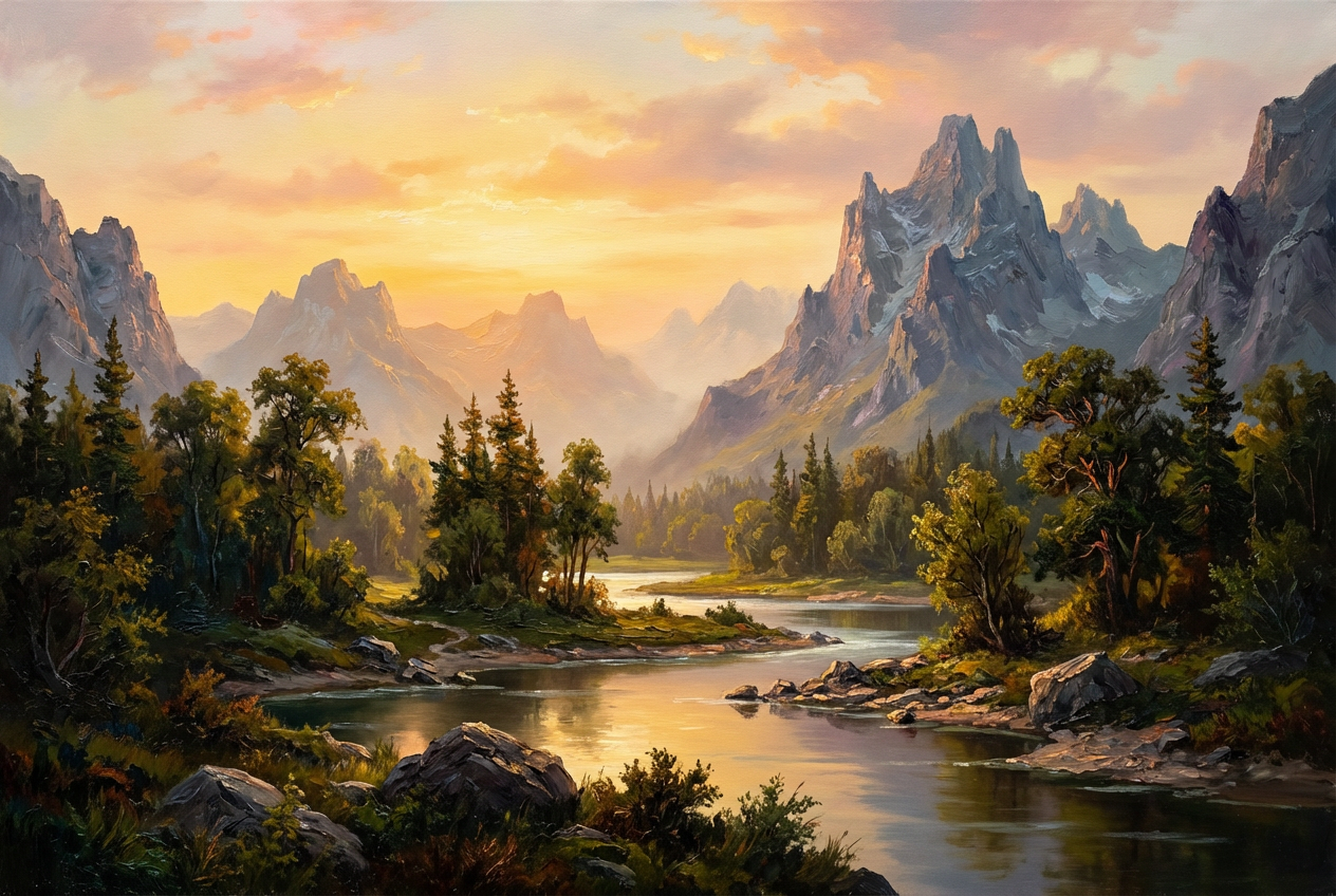 Sunlit Valley Serenity – Realist Mountain River Landscape Oil-Style Artwork Handcrafted Painting