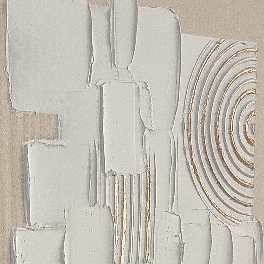 Original hand-painted texture art, merging plaster blocks with golden arcs, minimalist yet full of artistic tension.