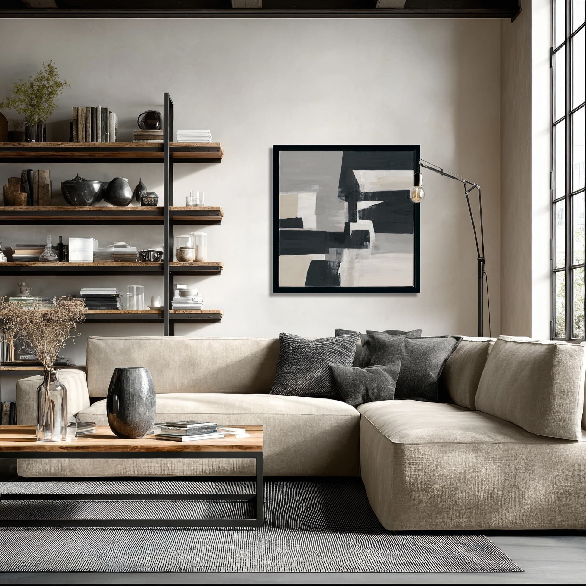 Original hand-painted minimalist abstract, calm tones and geometry creating an artistic ambience.