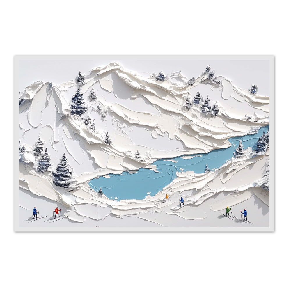 Winter Expedition – Handcrafted Palette Knife Painting, Snowy Mountain Landscape, Skiers in the Alps