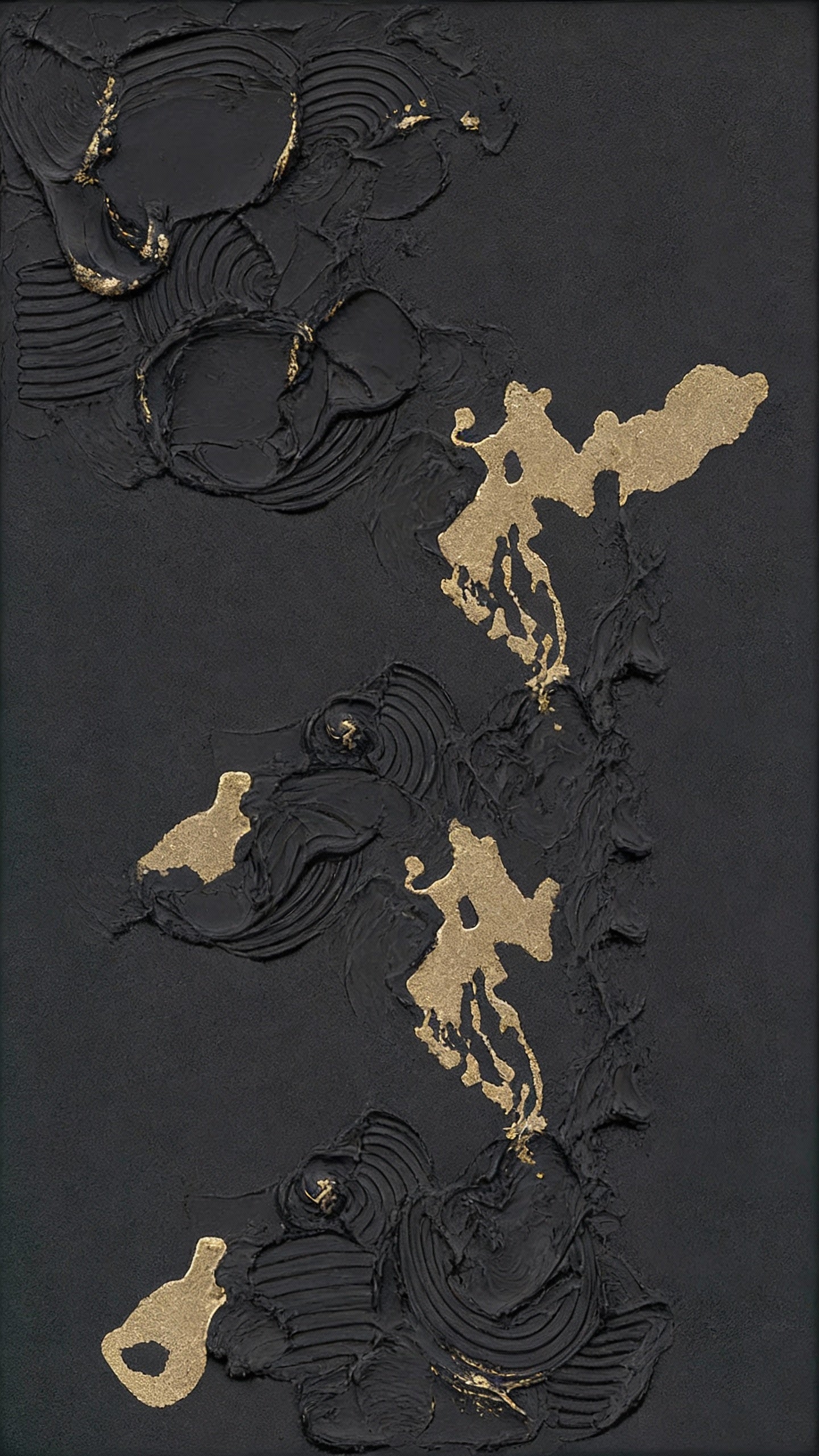 Handmade Abstract Wall Art – Black Textured Painting with Gold Accents-Portrait Orientation