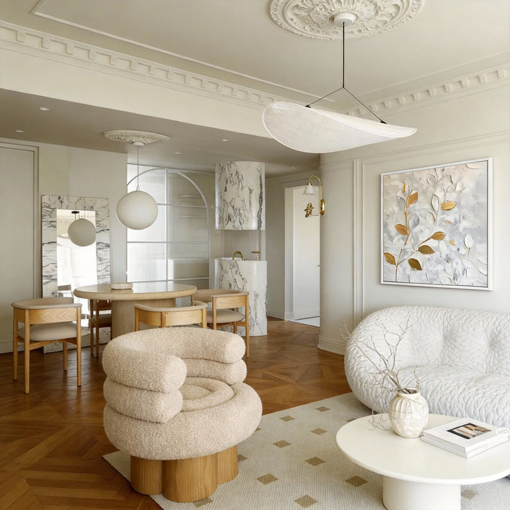 Still Veins– Hand-Painted Textured Floral Oil Painting Wall Art in White and Gold-square canvas