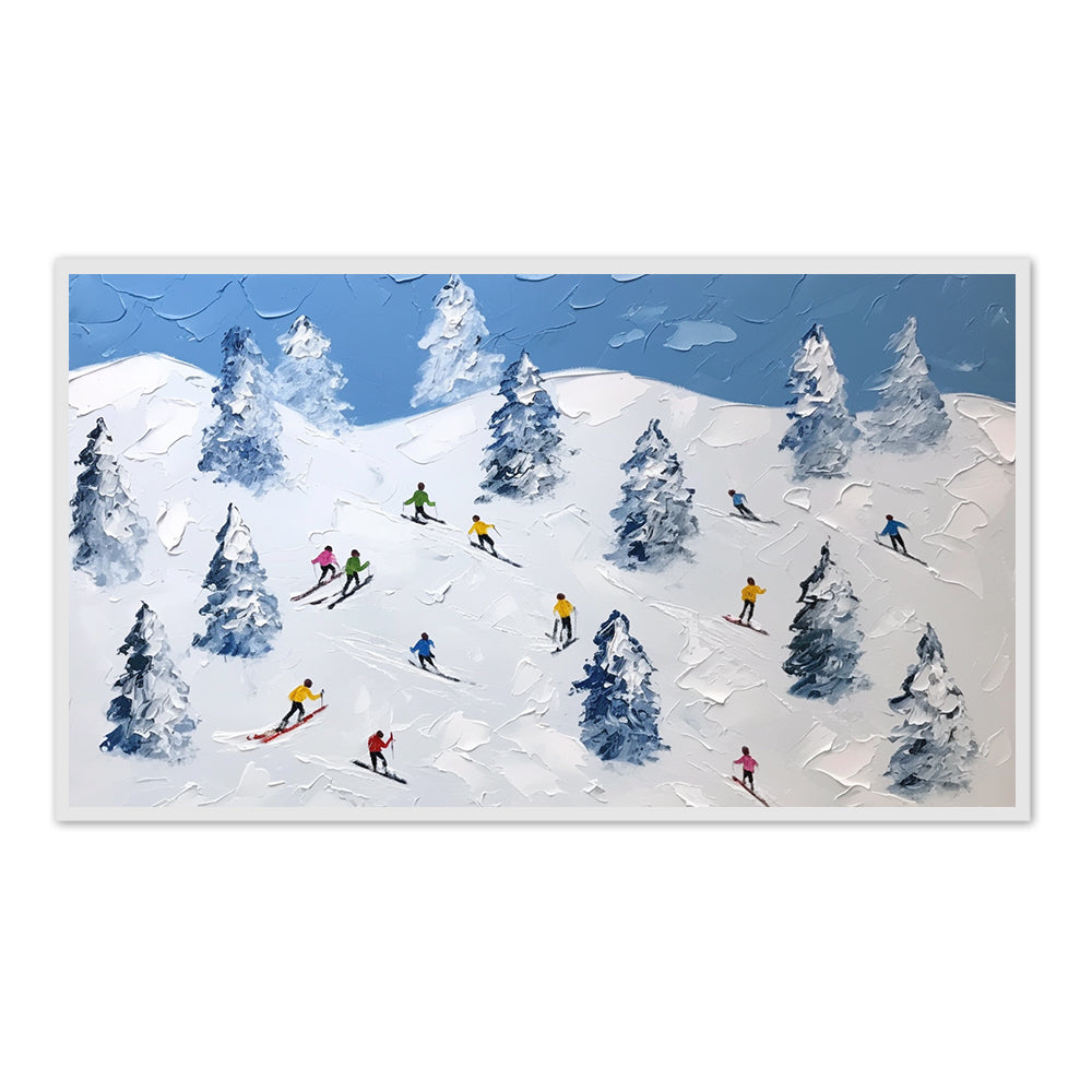 Winter Ski Adventure – Modern Impasto Style Handmade Oil Painting Wall Art