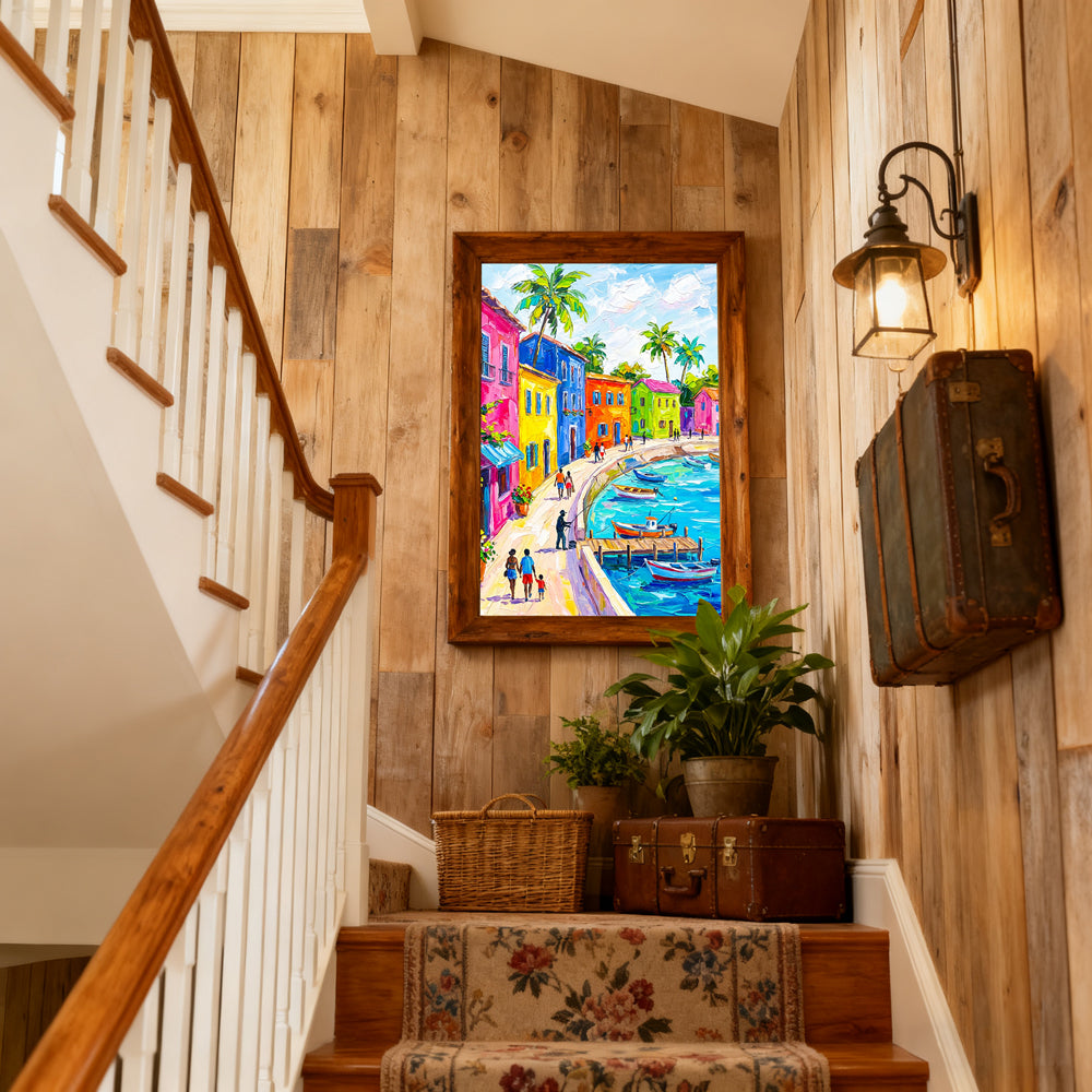 Vibrant Coastal Town Painting – Impressionist Palette Knife Style Handcrafted Painting artwall