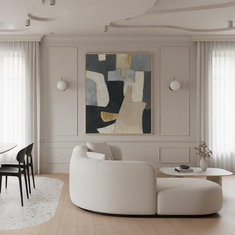 Handmade Abstract Geometric Wall Art – Gray, Beige and Gold Modern Painting