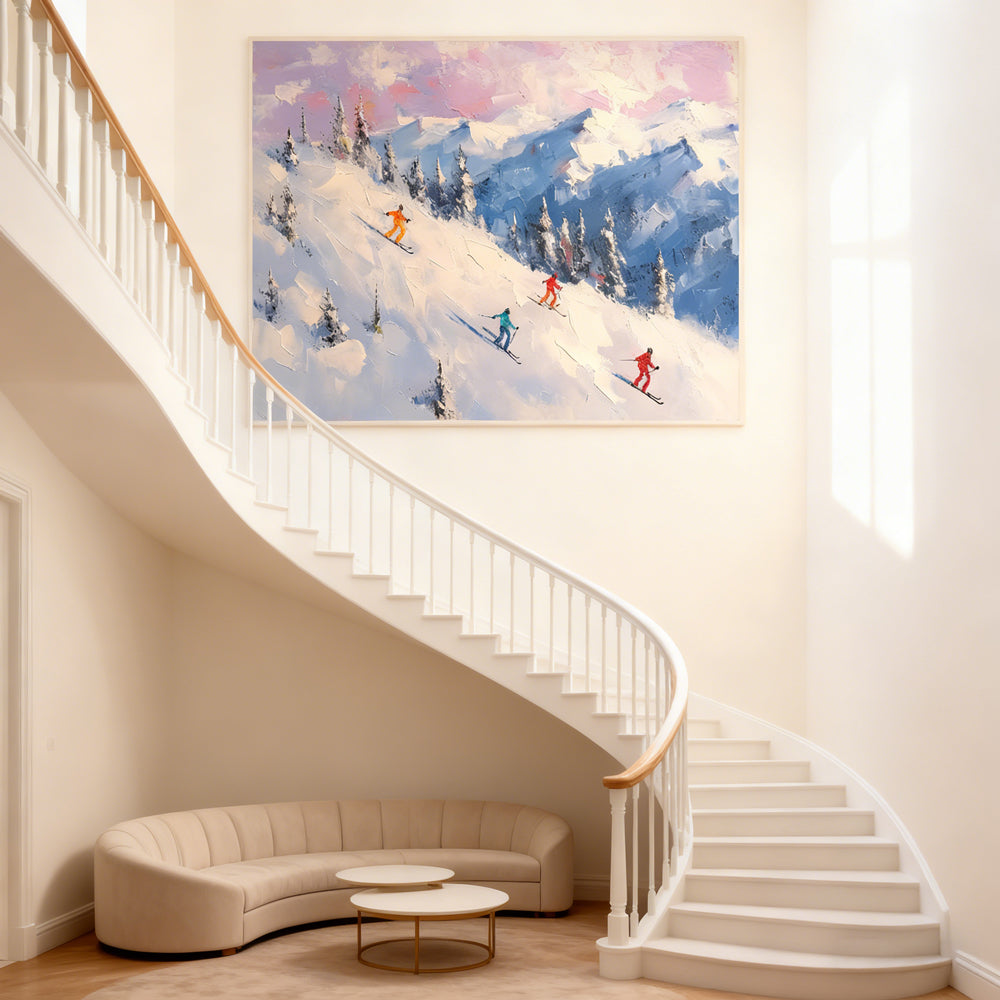 Alpine Sunset Ski Escape – Impressionist Impasto Style Handmade Oil Painting Wall Art