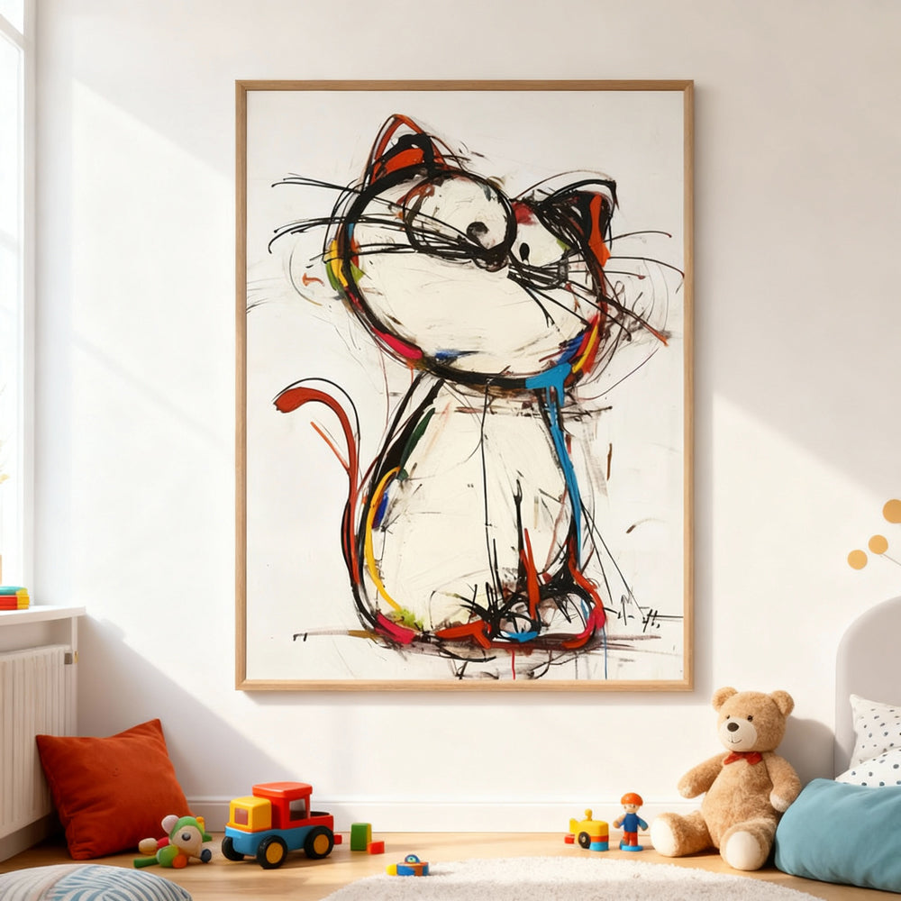 Whimsical Cat – Modern Abstract Expressionist Painting in Multicolor Tones, Playful Animal Elements