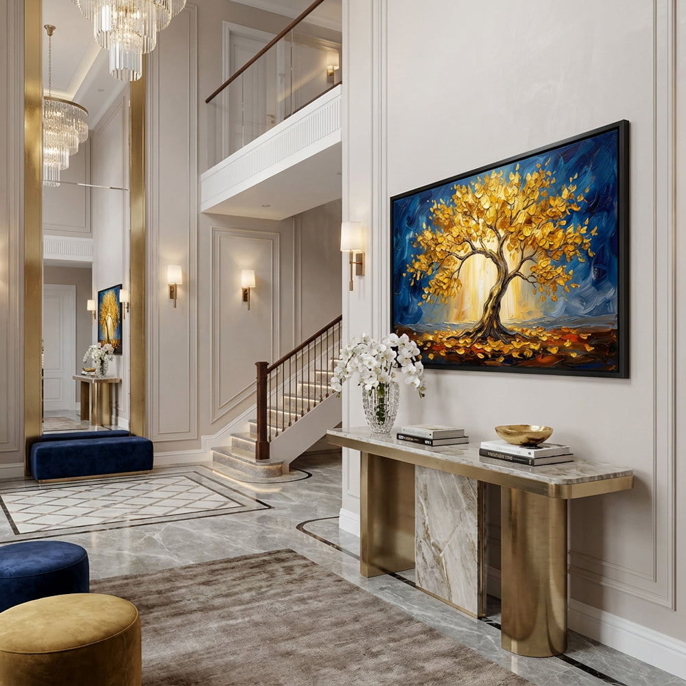 Golden Tree of Light | Modern Abstract Landscape Style Hand-Painted Oil Painting Wall Art