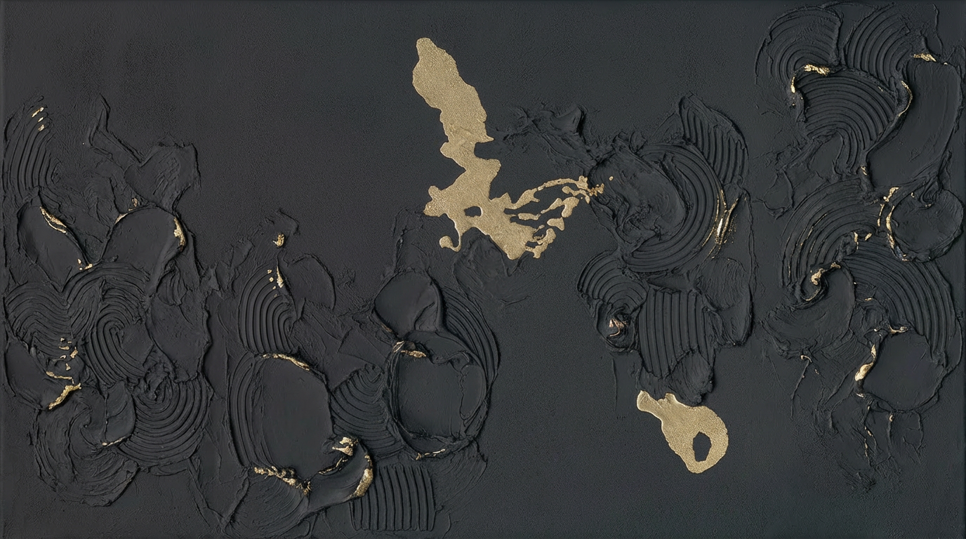 Handmade Abstract Wall Art – Black Textured Painting with Gold Accents-Landscape Orientation