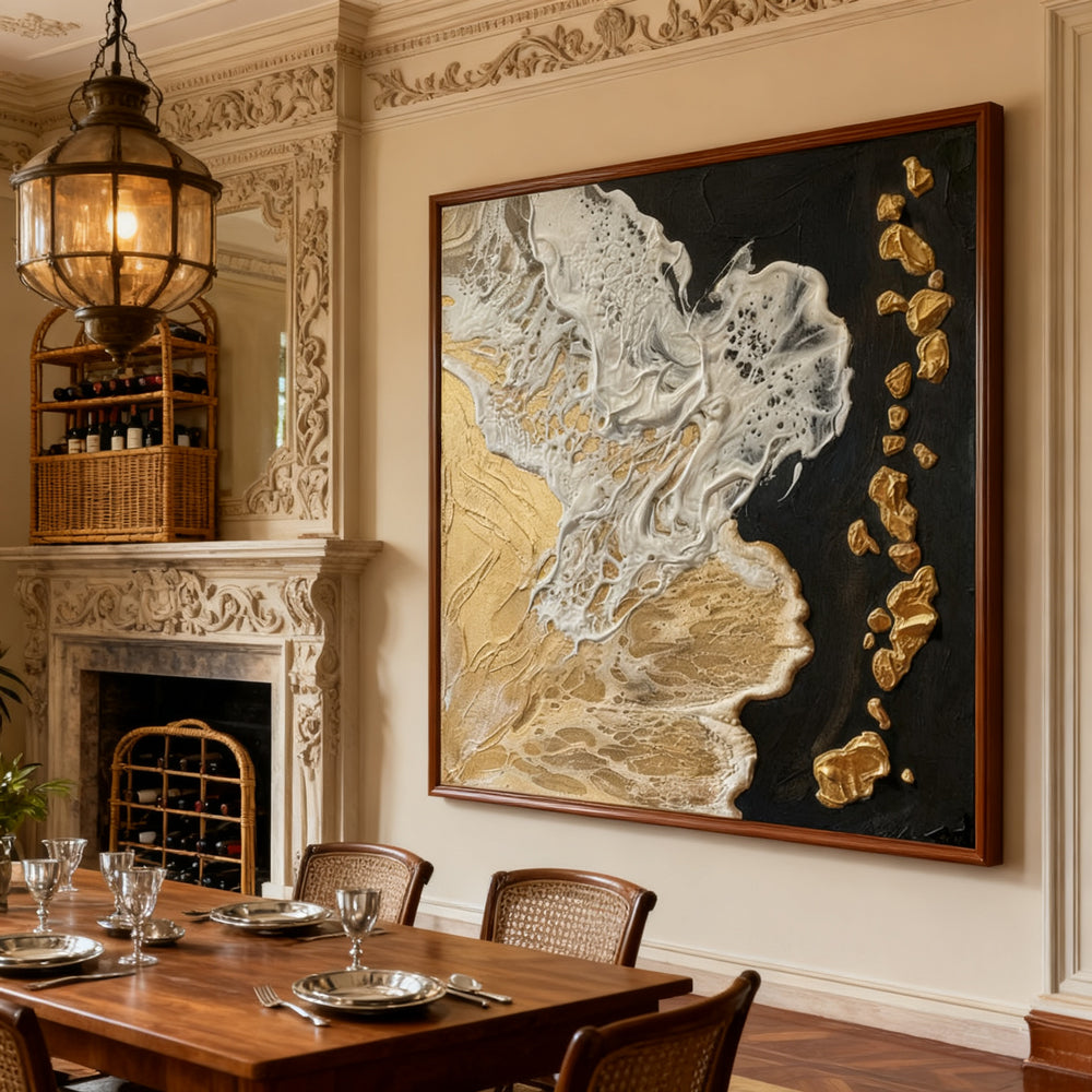 Gold, Black & White Tones – Sea Foam & Rock Elements  Handcrafted Painting