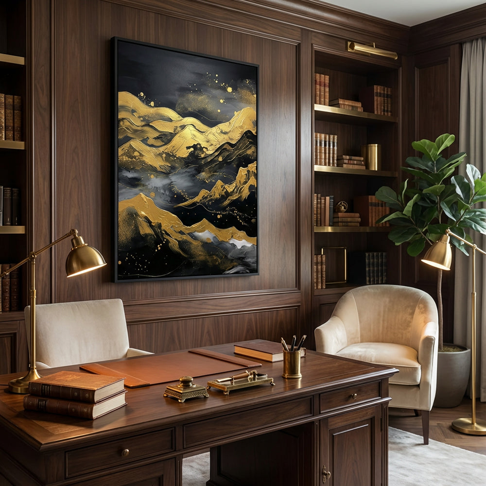 Golden Night Peaks – Abstract Metallic Landscape Oil-Style Artwork Handcrafted Painting