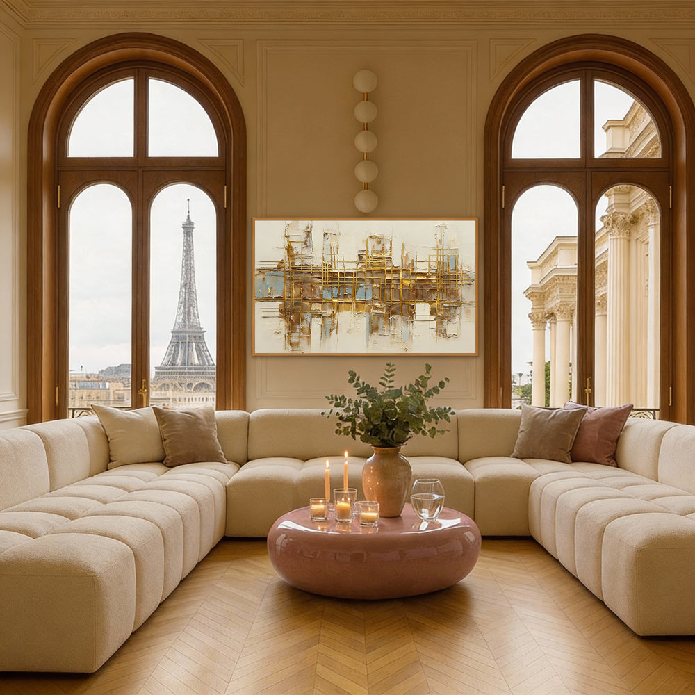 Golden Grid Structure Theme Painting – Modern Abstract Style Handmade Texture Wall Art-Landscape Orientation