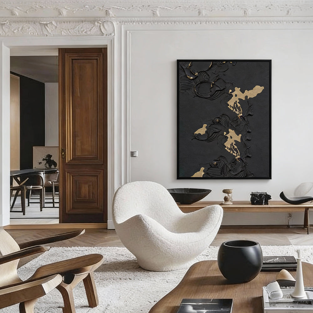 Handmade Abstract Wall Art – Black Textured Painting with Gold Accents-Portrait Orientation