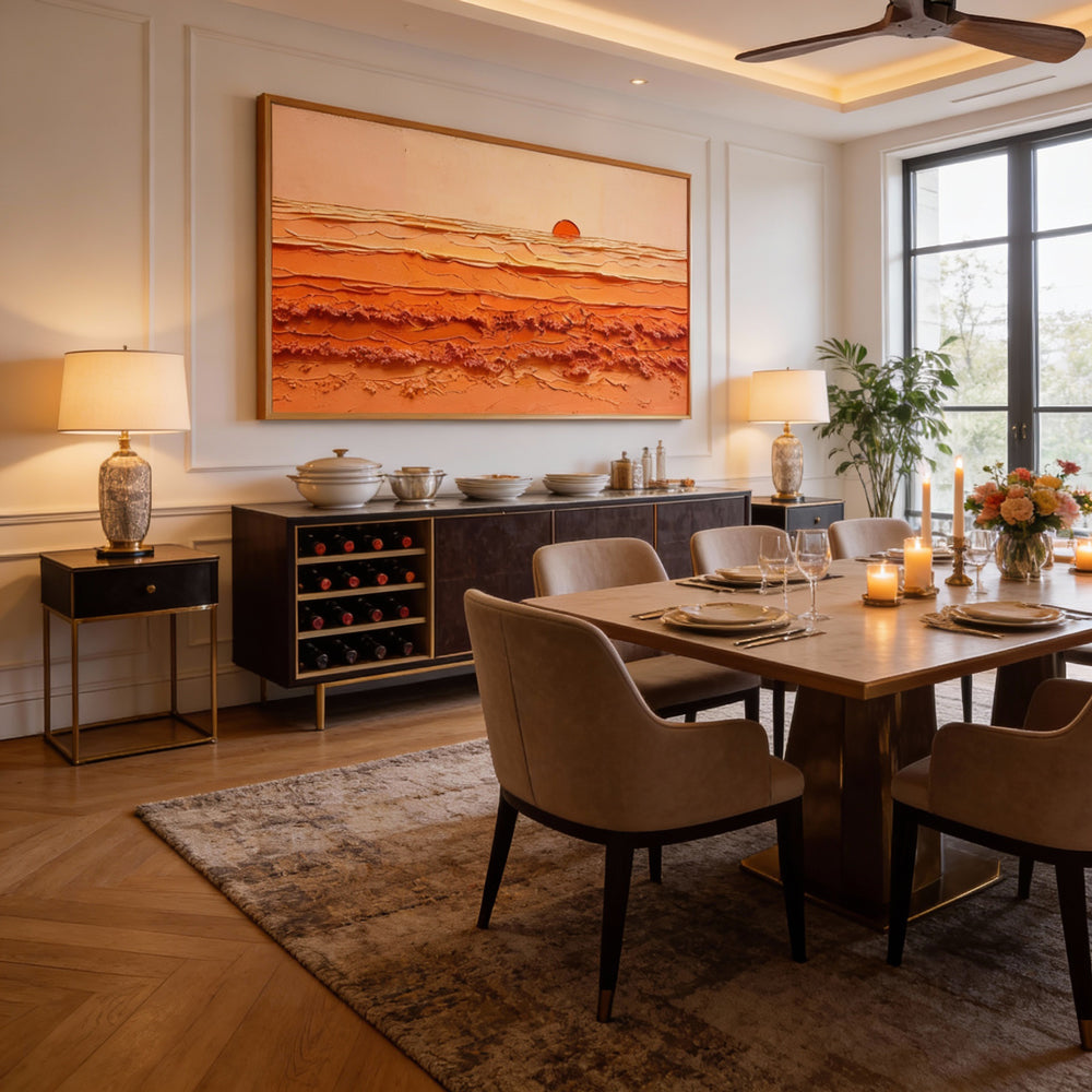 Sunrise Harmony – Abstract Texture Landscape in Warm Orange Tones, Sunset Over Waves Extra Large Handmade paintings