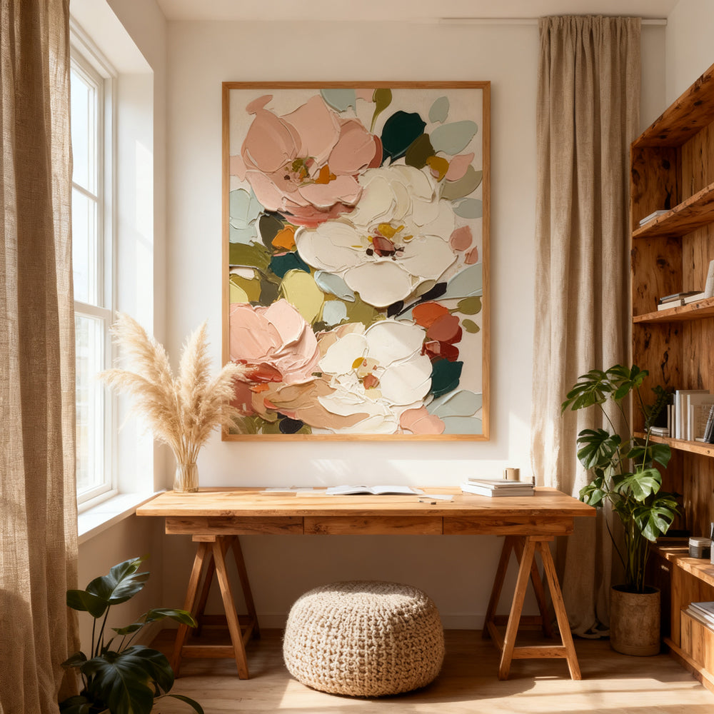 Blooming Garden Harmony – Modern Floral Palette Knife Artwork, Handmade Oil Painting Wall Art