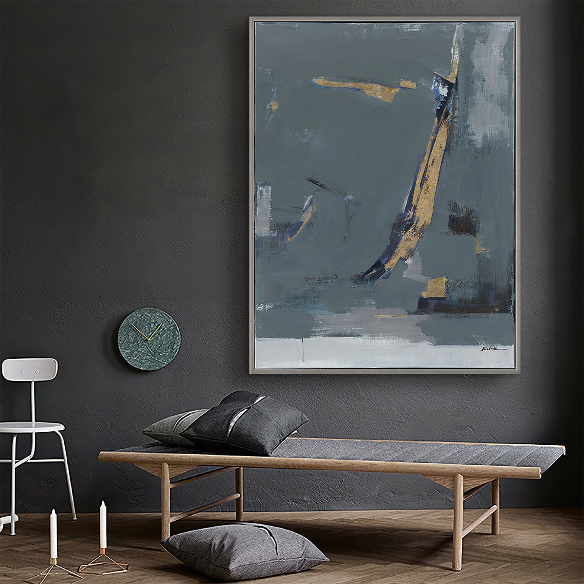 Minimalist abstraction in muted greys and gold creates balance, mystery, and sophistication