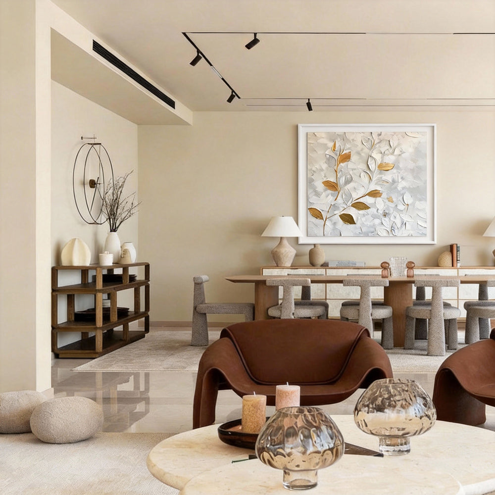 Still Veins– Hand-Painted Textured Floral Oil Painting Wall Art in White and Gold-square canvas