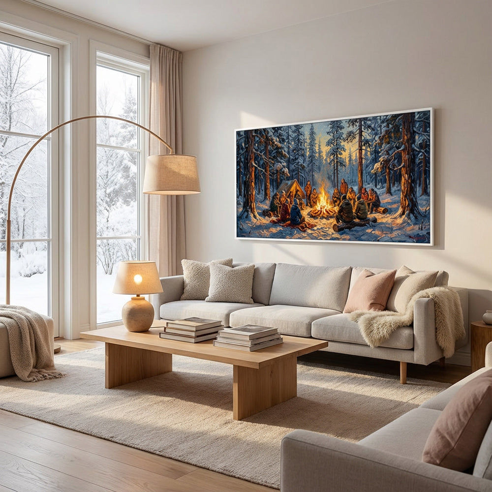 Winter Gathering by the Flame – Impressionist Campfire Community Oil-Style Artwork Handcrafted Painting