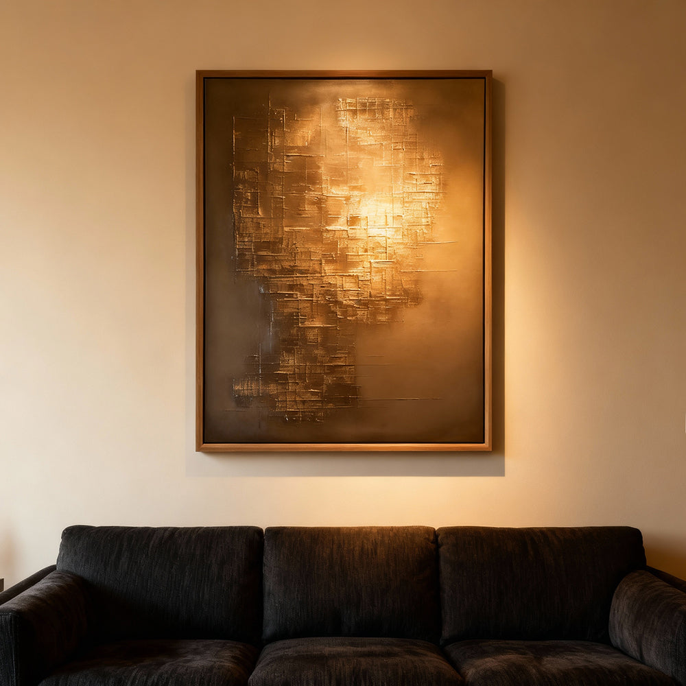 Golden Strata – Geometric Abstract Texture Painting in Metallic Gray Tones, Minimalist Structure Elements