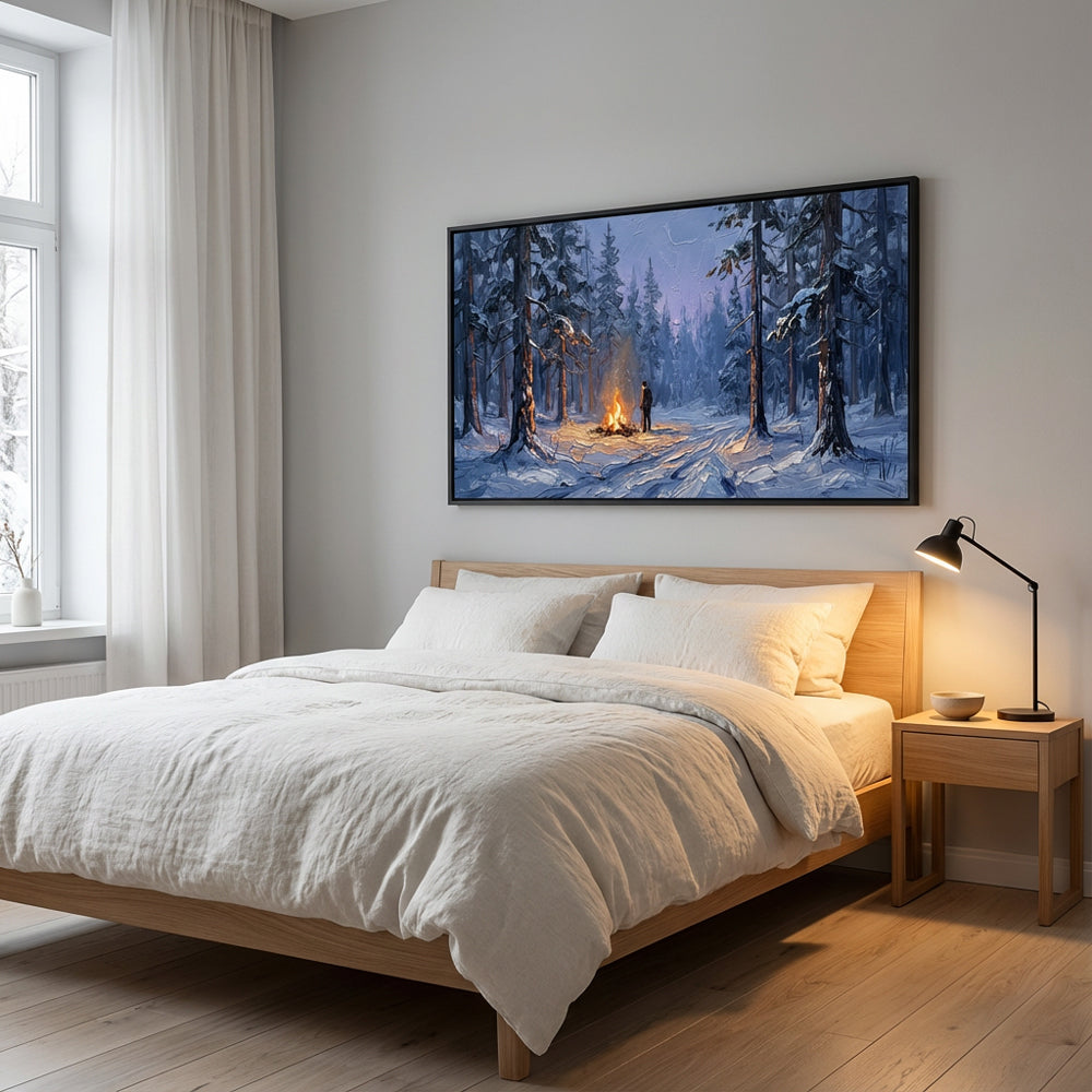 Winter Solitude by the Fire– Impressionist Wilderness Oil-Style Artwork Handcrafted Painting