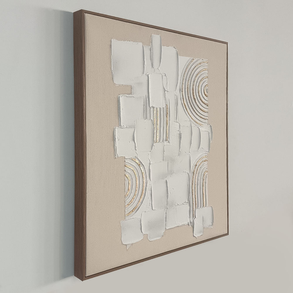 Original hand-painted texture art, merging plaster blocks with golden arcs, minimalist yet full of artistic tension.