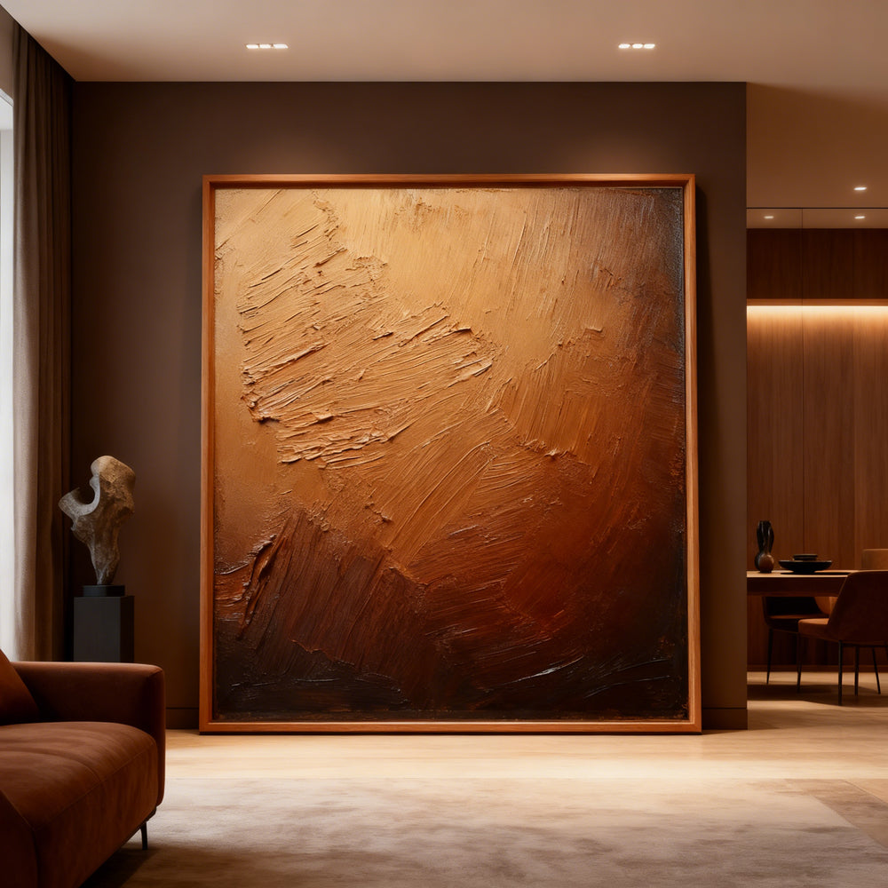 Bronze Horizon Texture Art – Abstract Expressionist Style Handmade Oil Painting Wall Art