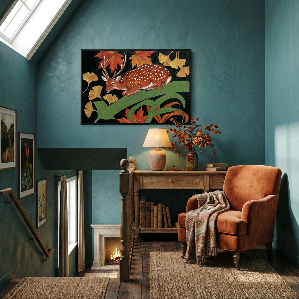 Deer & Autumn Leaves Art Panel – Folk Art Style – Warm Earth Tones – Botanical Wildlife Wall Art