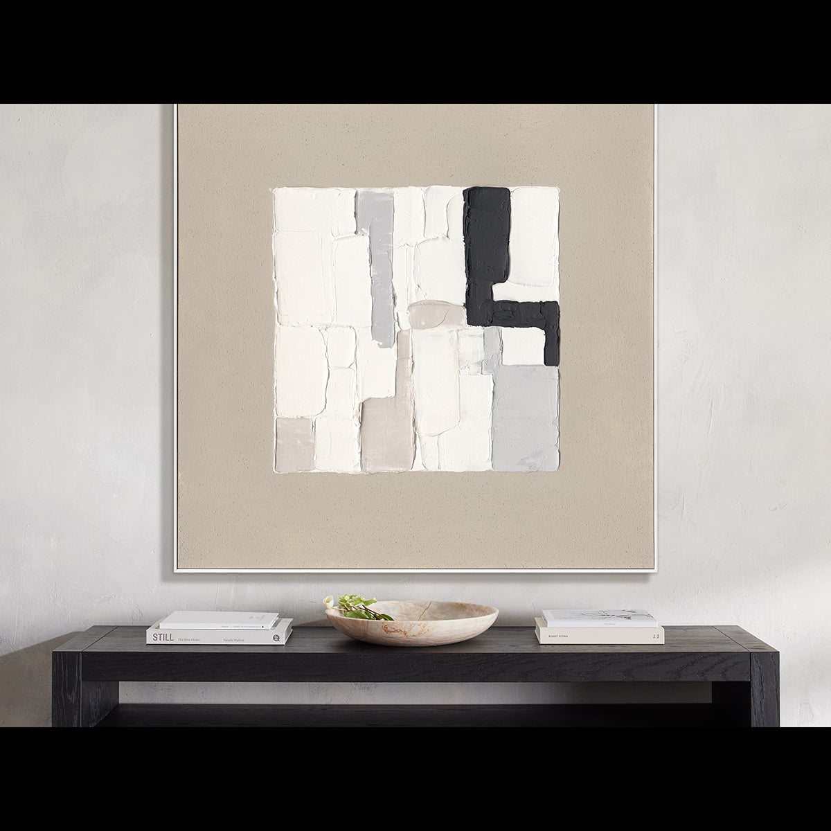 Bold monochrome blocks create striking balance, blending minimalism with timeless abstract elegance