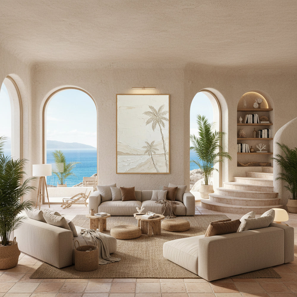 Coastal Palm Whisper | Minimal Textured Seascape Style Hand-Painted Oil Painting Wall Art