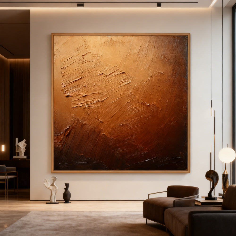 Bronze Horizon Texture Art – Abstract Expressionist Style Handmade Oil Painting Wall Art