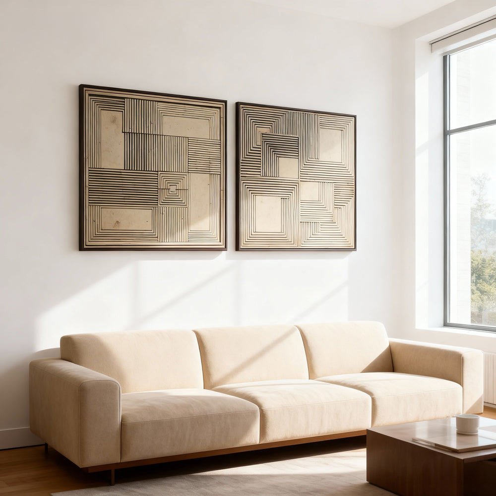 Geometric Harmony – Modern Abstract Line Texture Painting, Handmade Oil Wall Art (Set of 2)