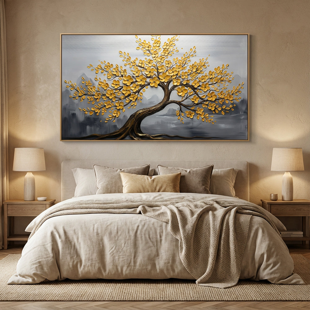 Golden Blossom Tree Painting – Modern Textured Art Style  Handcrafted Wall Art