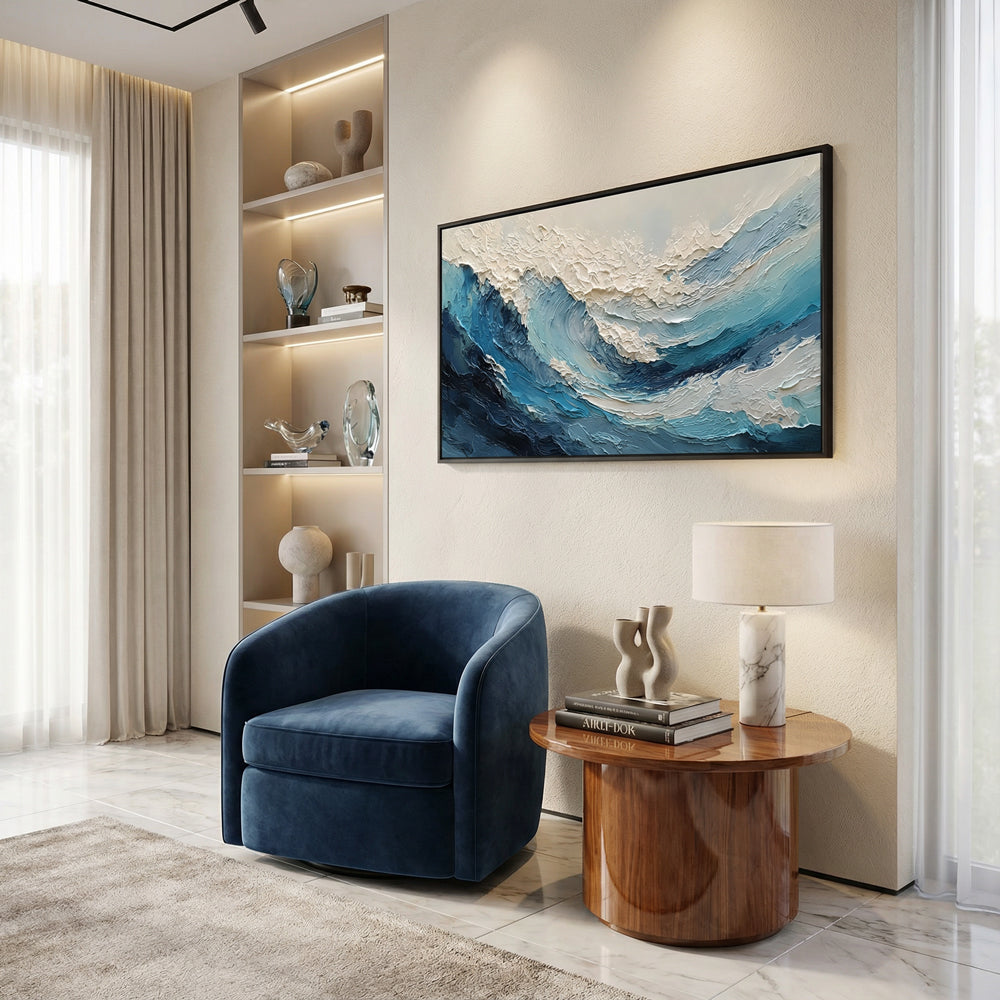 Azure Crest Motion | Abstract Seascape Expressionist Handmade Oil Painting Wall Art