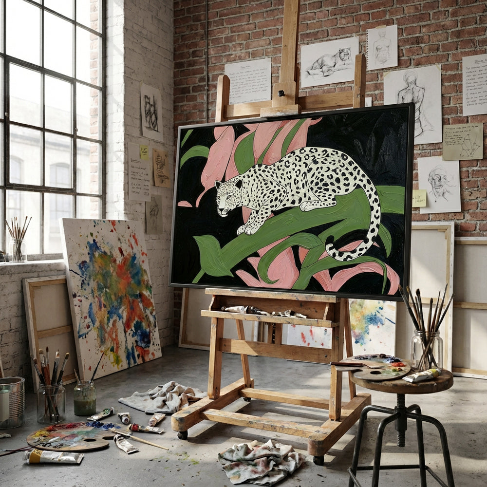 Leopard in Bloom – Modern Figurative Style Handmade Painting Wall Art