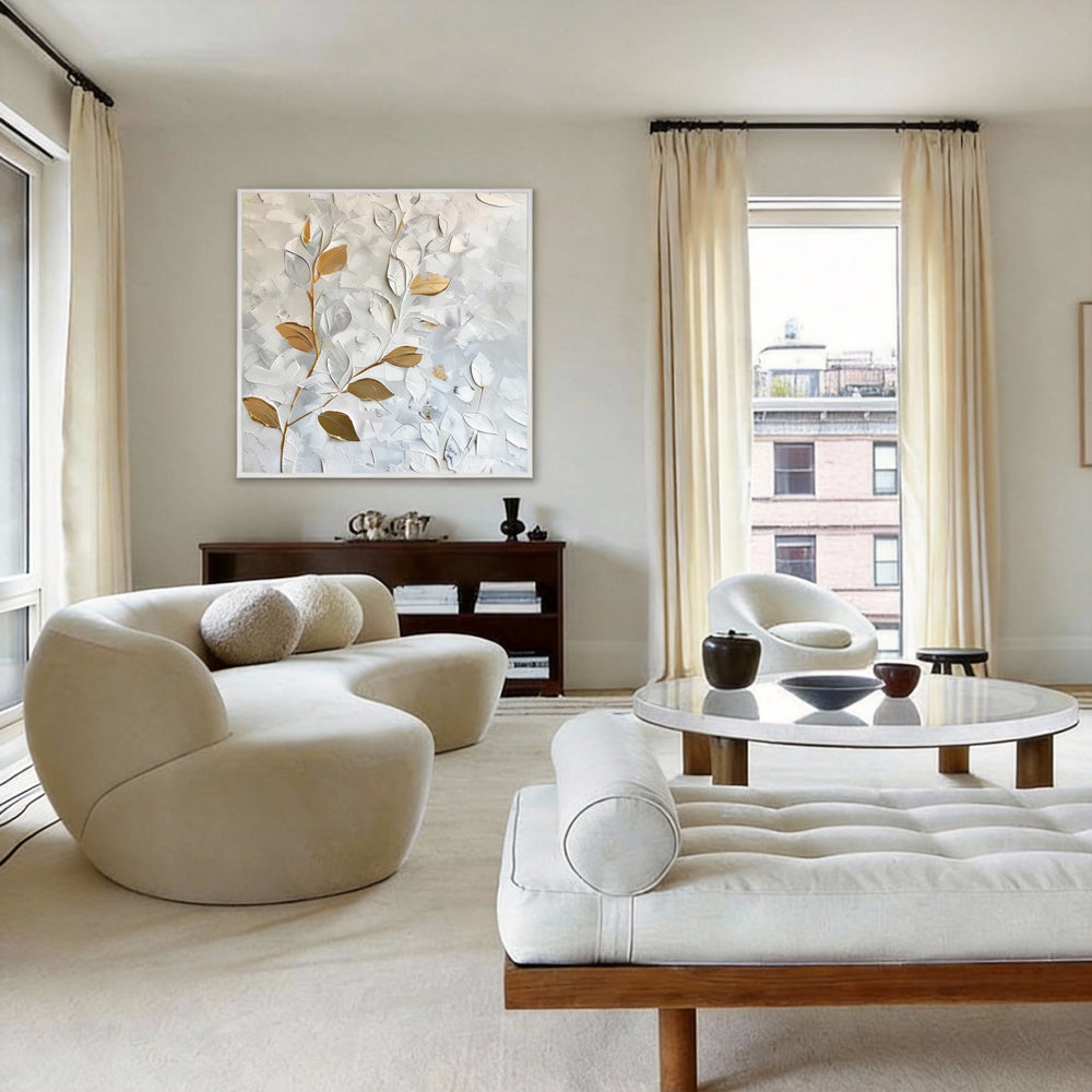 Still Veins– Hand-Painted Textured Floral Oil Painting Wall Art in White and Gold-square canvas