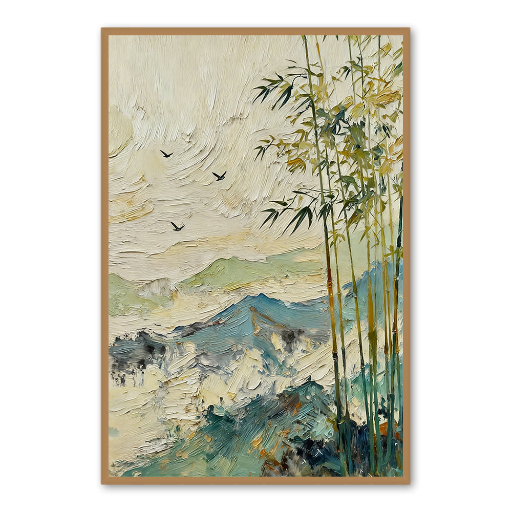 Bamboo Grove in Misty Mountains – Abstract Landscape Oil Painting
