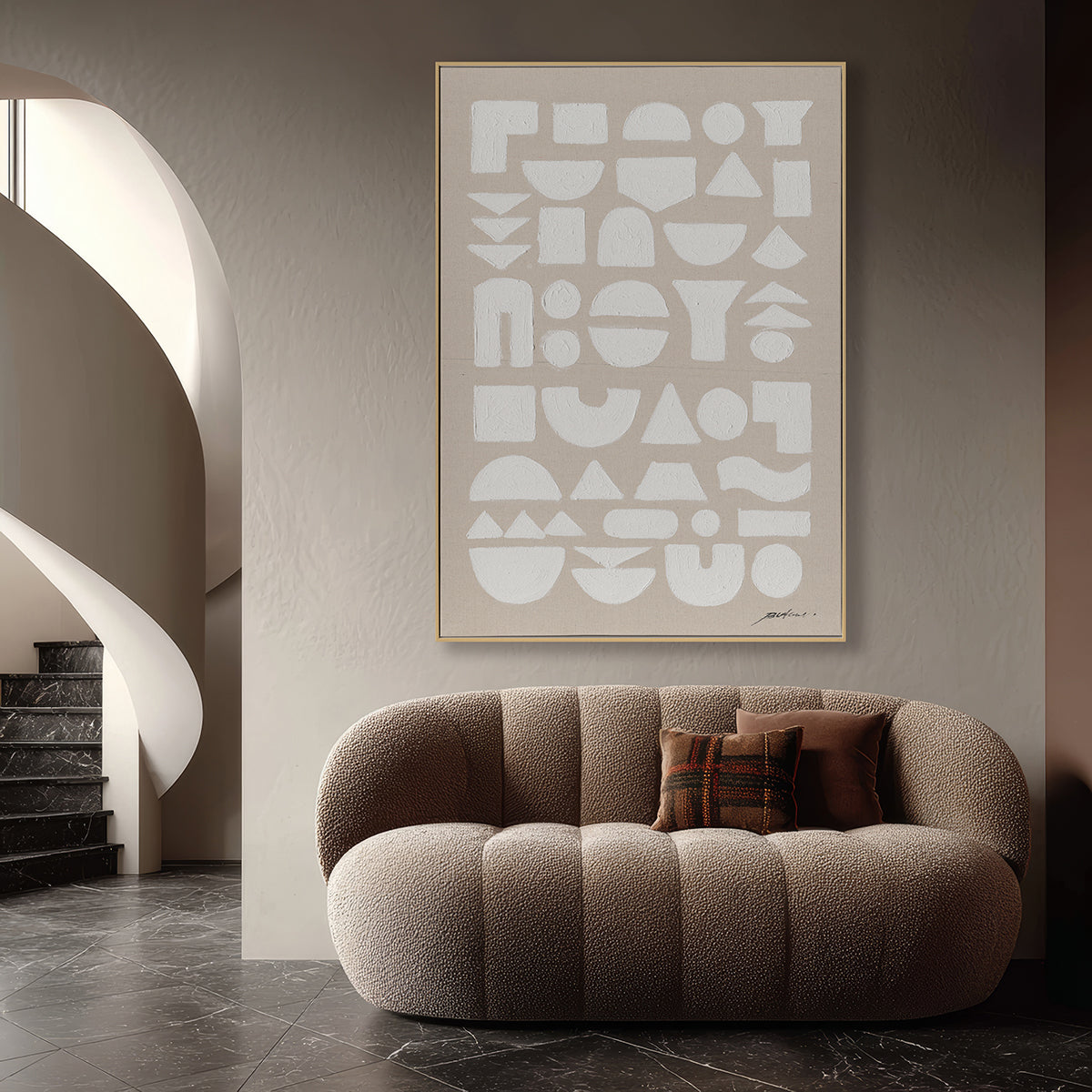 Original wabi-sabi wall art, merging geometric forms with texture, adding calm and depth to interiors