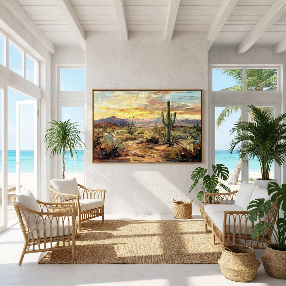 Desert Sunset texture Landscape Painting – Impressionist Style – Warm Earth Tones – Cactus & Mountain Elements