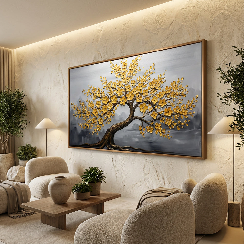 Golden Blossom Tree Painting – Modern Textured Art Style  Handcrafted Wall Art