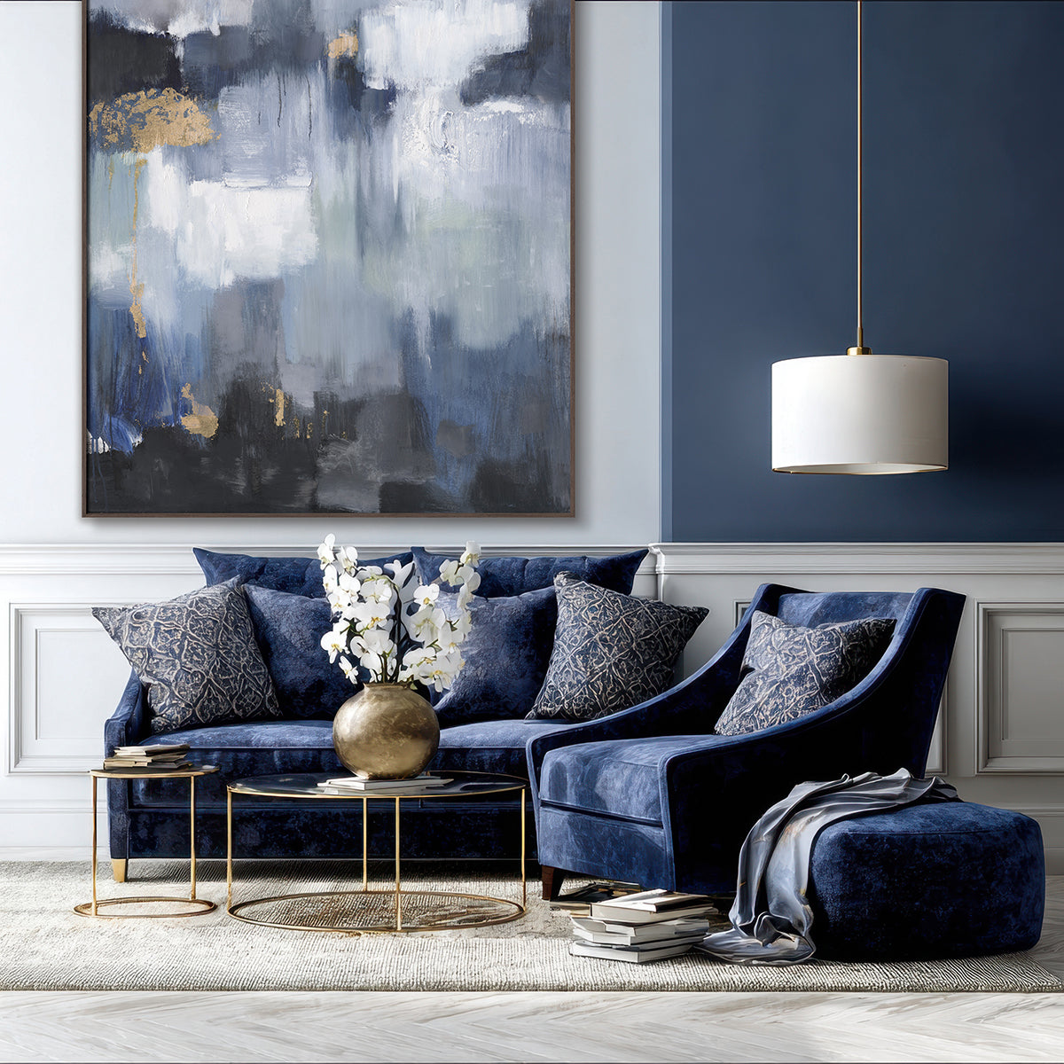 Deep blues and gold accents evoke mystery, elegance, and timeless abstract sophistication