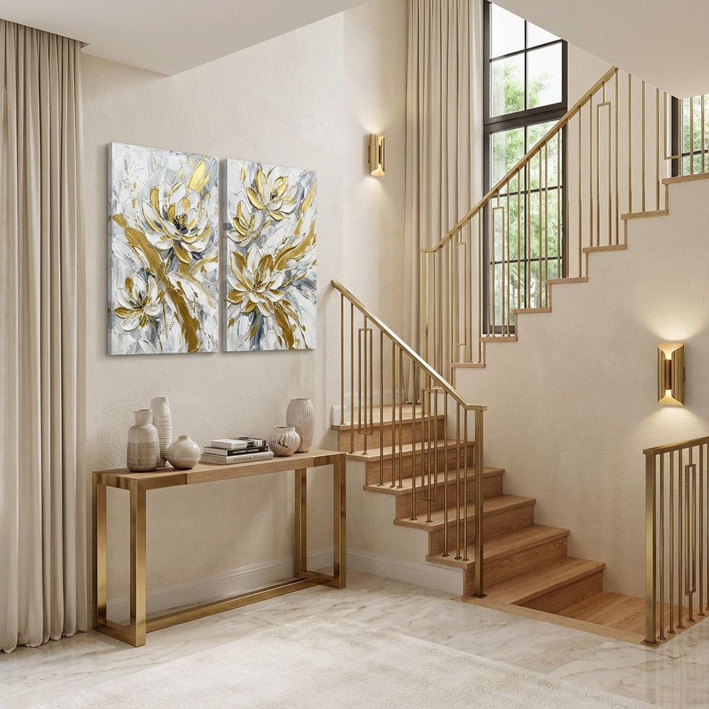 Golden Petals Symphony | Modern Abstract Floral Hand-Painted Oil Painting Wall Art (set of 2)