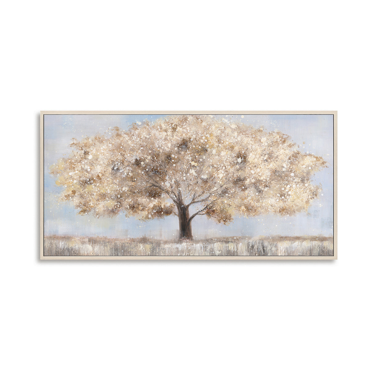 Handgemalte Landschafts-Leinwandkunst, goldener Baum mit blauem Himmel 