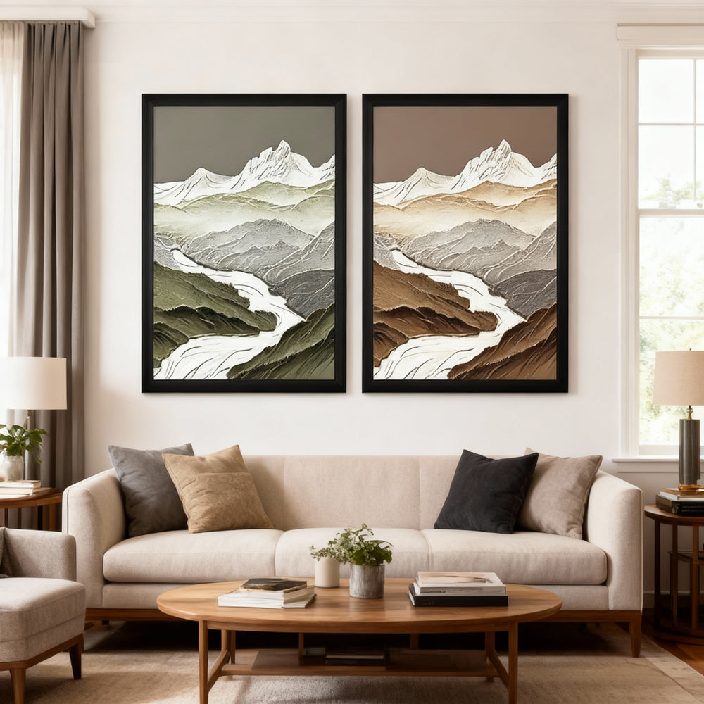 Whispering Peaks – Modern Landscape Texture Painting, Handmade Oil Wall Art for Living Room Decor (Set of 2)