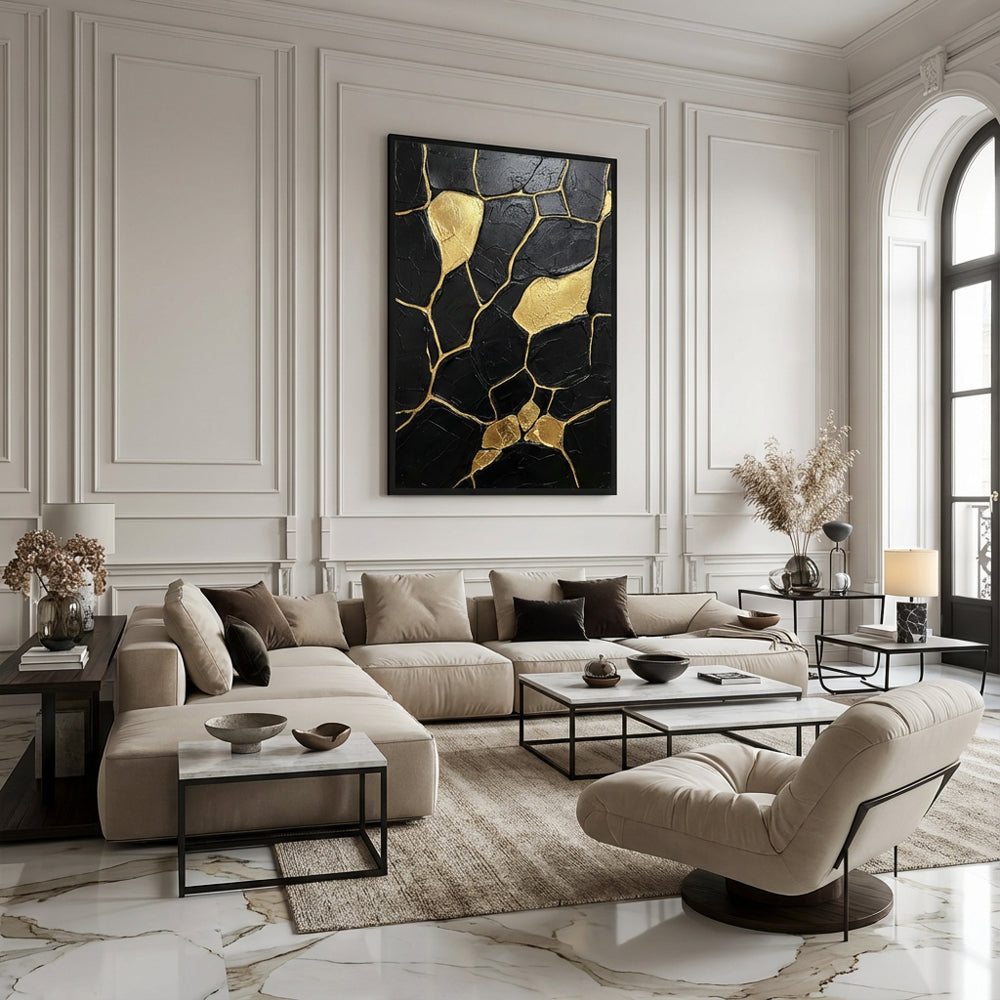 Veins of Gold Silence | Contemporary Abstract Black & Gold Hand-Painted Oil Painting Wall Art