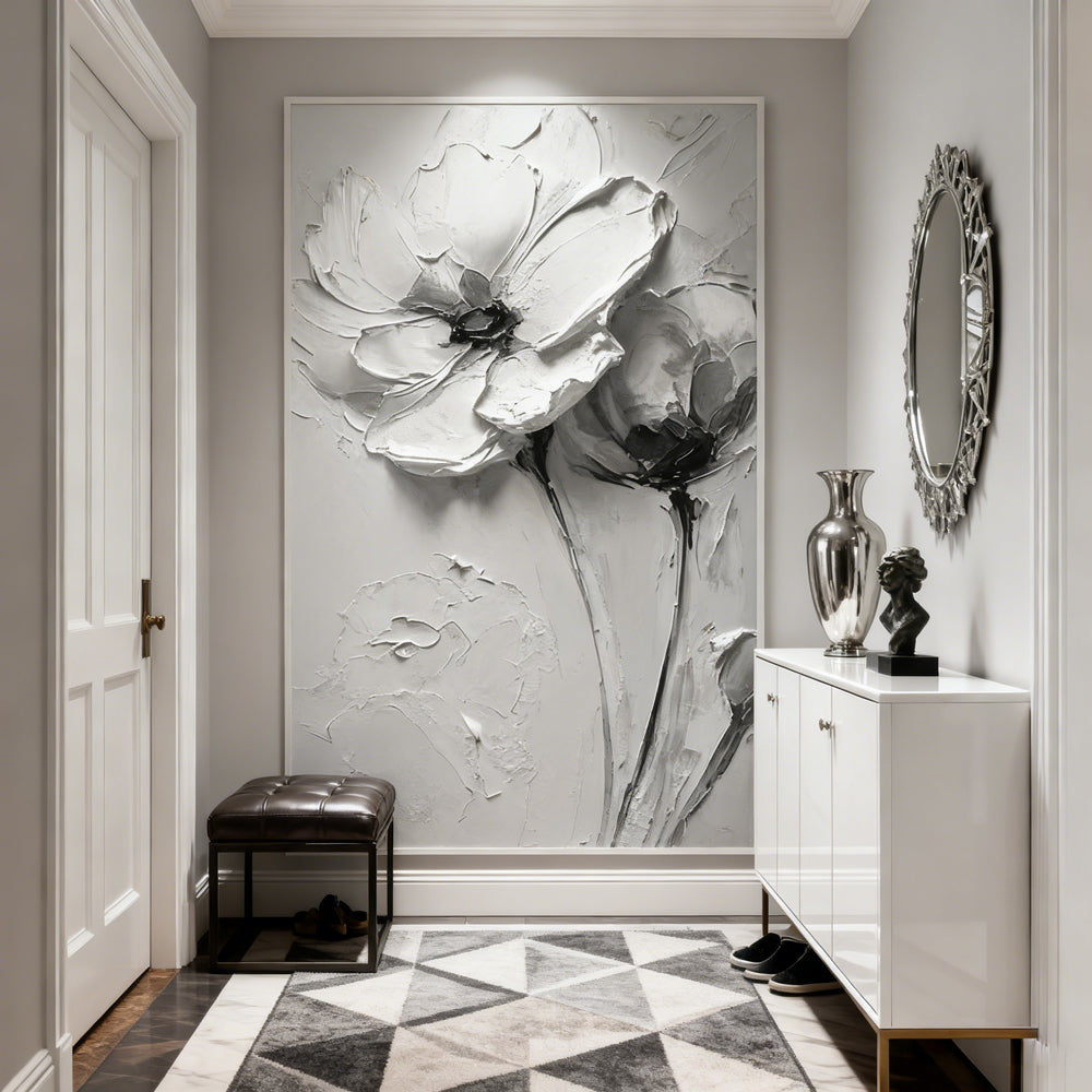 Monochrome Petal Duo Texture Art – Minimalist Impressionistic Floral Style Handmade Oil Painting Wall Art