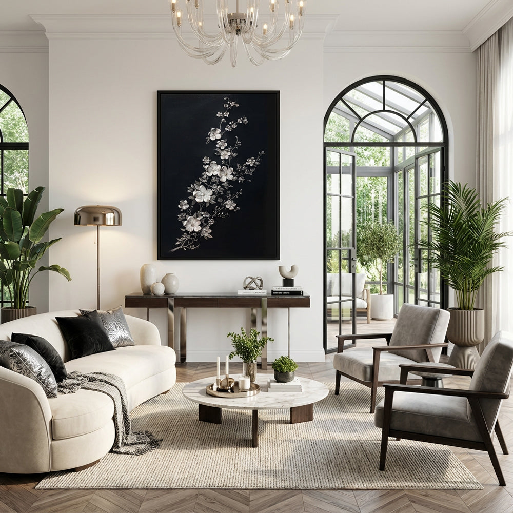 Silver Blossom Elegance – Modern Minimal Relief Style Handmade Oil Painting Wall Art