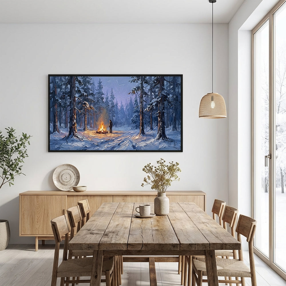 Winter Solitude by the Fire– Impressionist Wilderness Oil-Style Artwork Handcrafted Painting