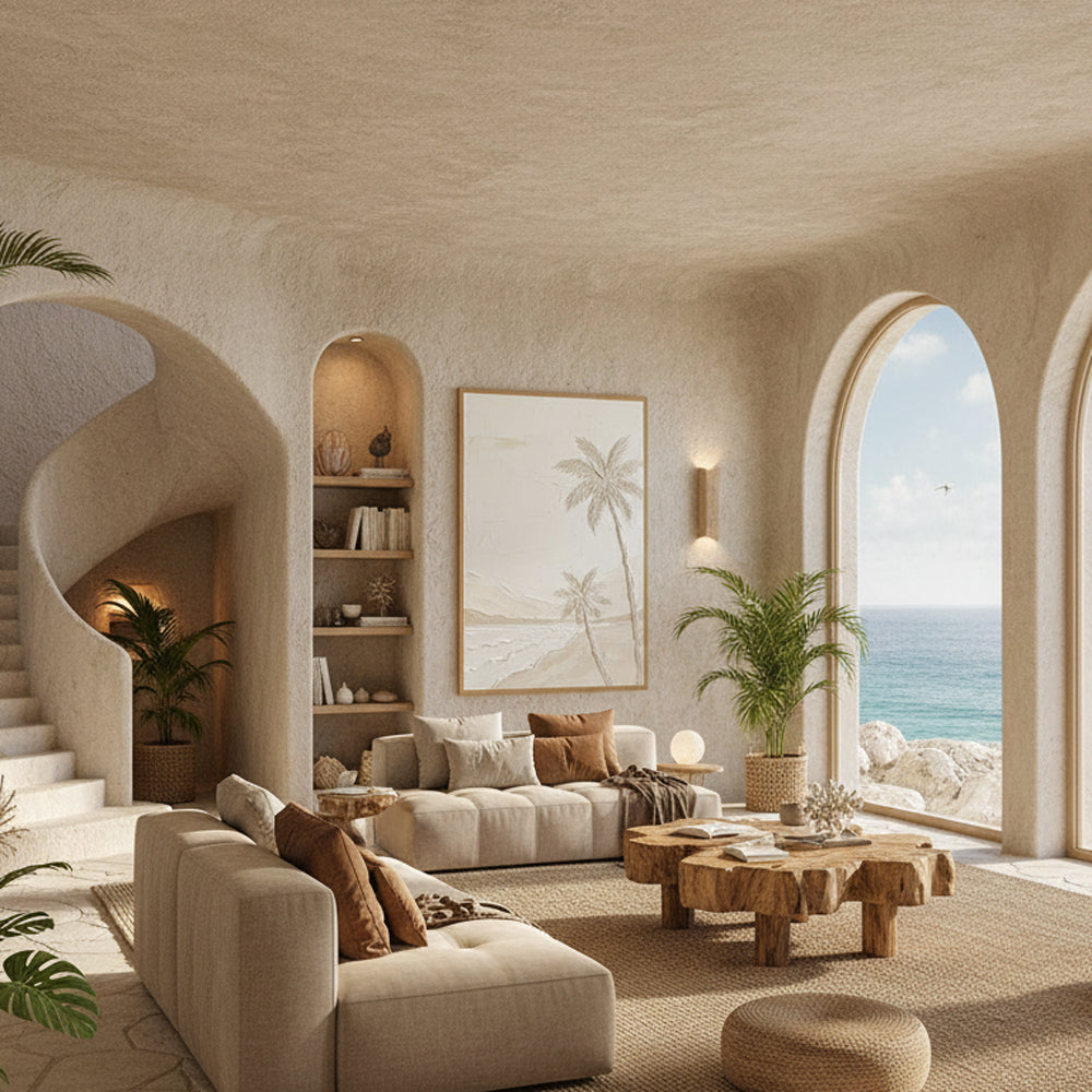 Coastal Palm Whisper | Minimal Textured Seascape Style Hand-Painted Oil Painting Wall Art