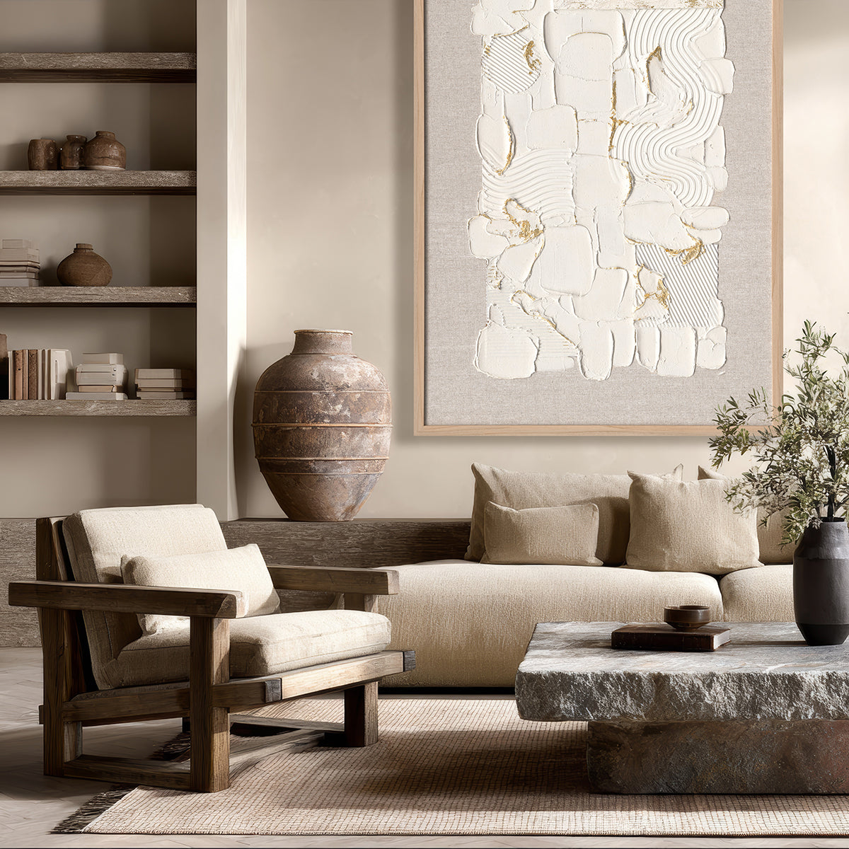 Original handmade art with rich texture, embracing wabi-sabi beauty in natural minimalism.