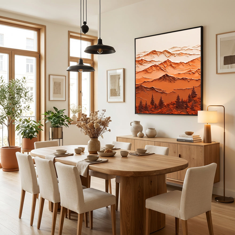 Majestic Mountain Serenity – Abstract Texture Landscape in Warm Earth Tones, Layered Peaks and Forest Elements